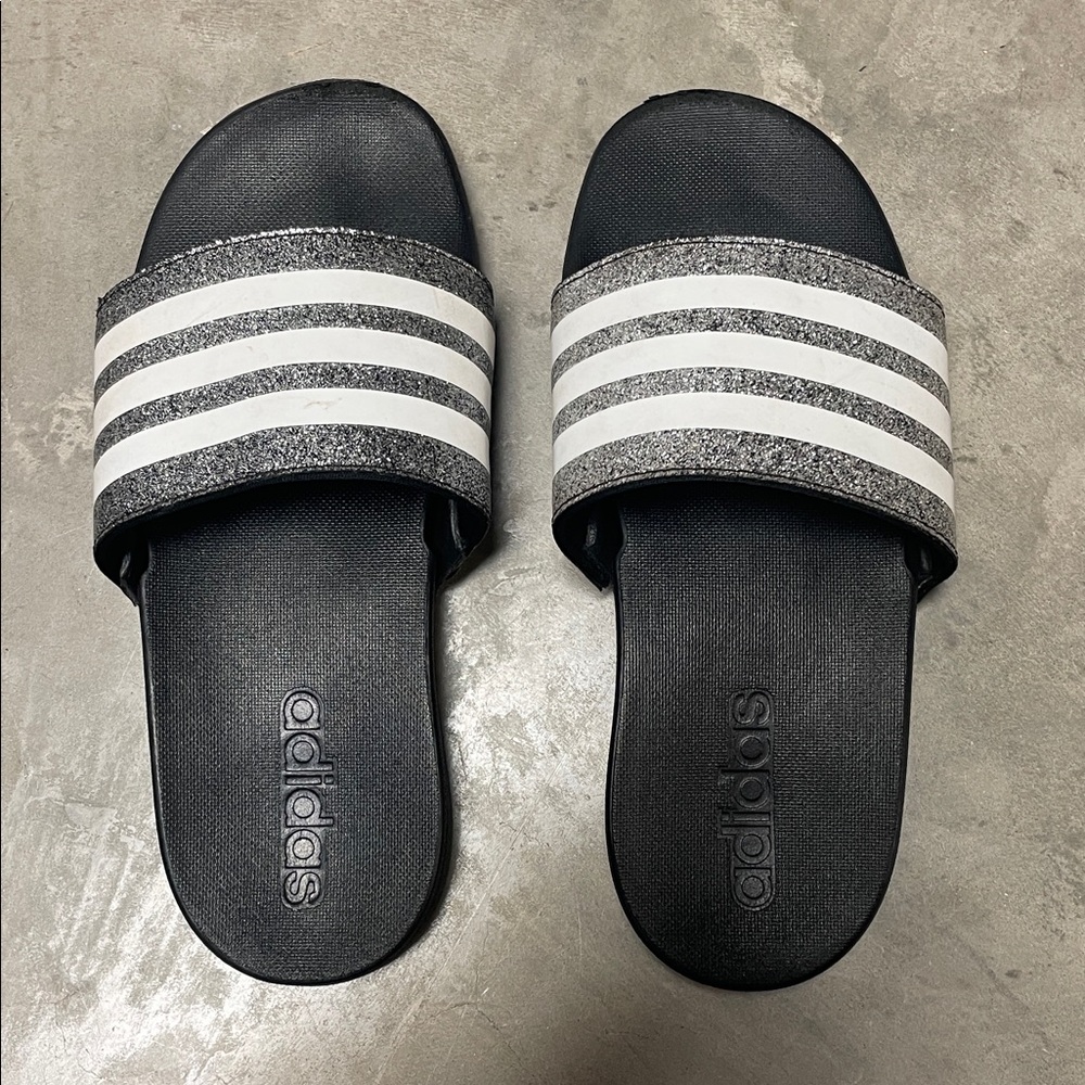 Adidas Black and Silver Glitter Slide Sandals Youth